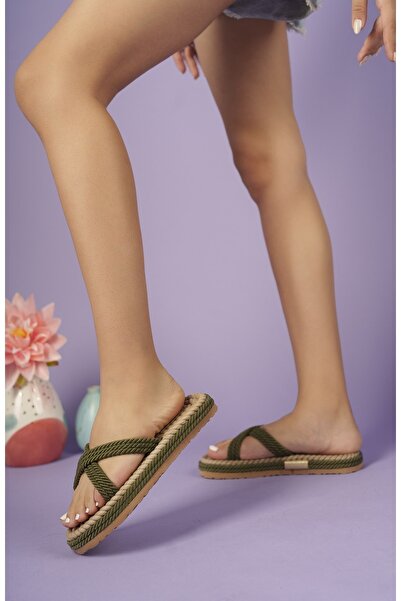 PASSAGE SHOES 6142 Khaki Rope Rope Flat Women's Slippers