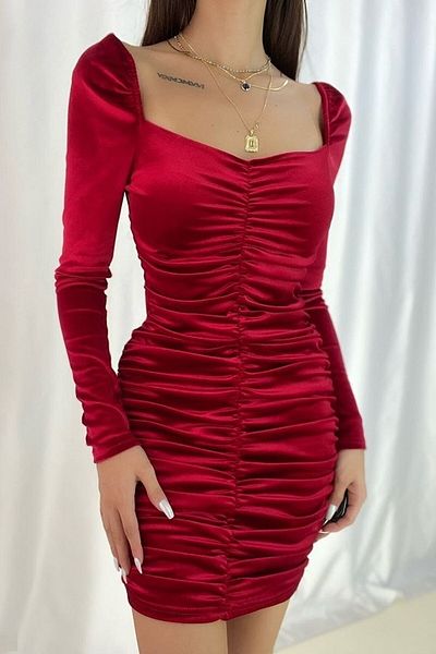 Secret Passion Lingerie Gathered Long Sleeve Red Velvet Fabric Mini Evening Dress 582257 Tkn-713