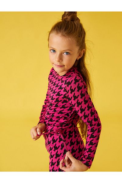 Koton Crop T-Shirt Houndstooth Pattern Long Sleeve