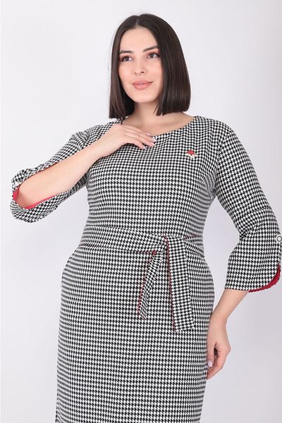 MODAPO Γυναικείο Μαύρο Λευκό Φόρεμα με Ζώνη Houndstooth Plus Size