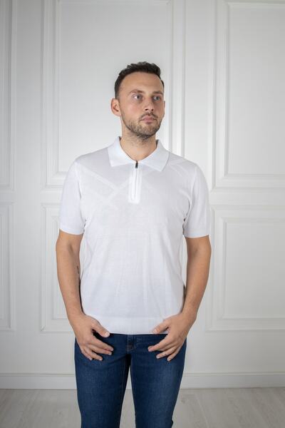 San&Fa Поло з коміром на блискавці, тонкий трикотаж, геометричний візерунок, біла футболка