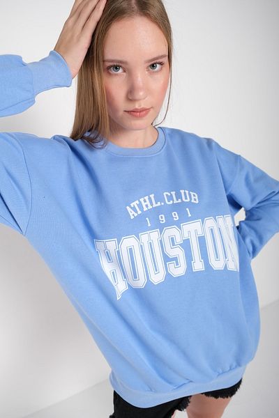 MODAGEN Hanorac oversize cu gât crew cu imprimeu Houston, albastru baby