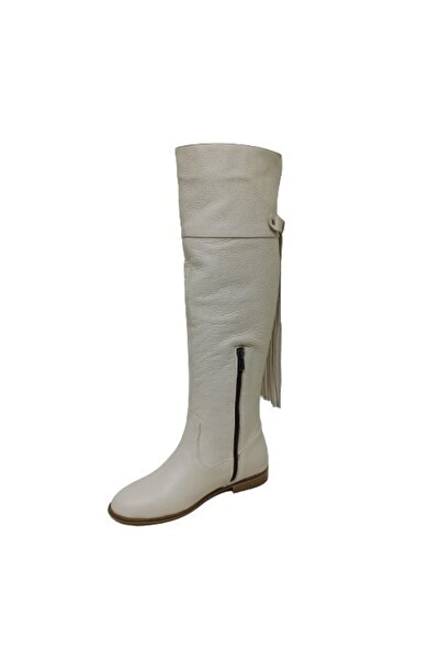 ALBİNİ Bej Deri Kadın Çizme Bot Ayakkabı