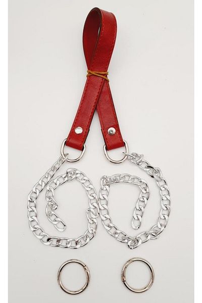 angel çanta aksesuar Red Color Bag Handle with Faux Leather Stitched Silver Chain