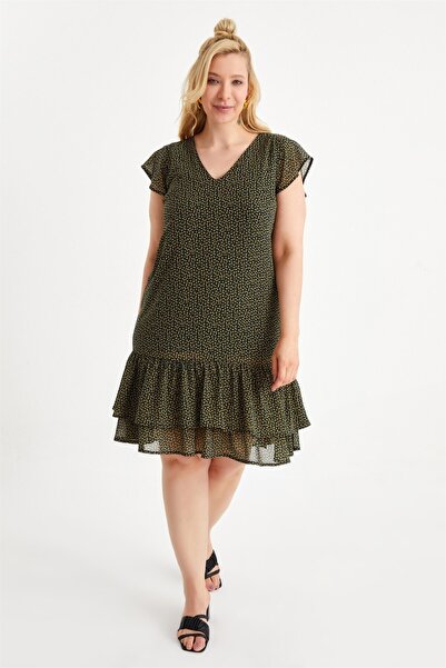 Hanna's by Hanna Darsa Kadın Lacivert V Yakalı Eteği Fırfırlı Örmeastarlı Dok...