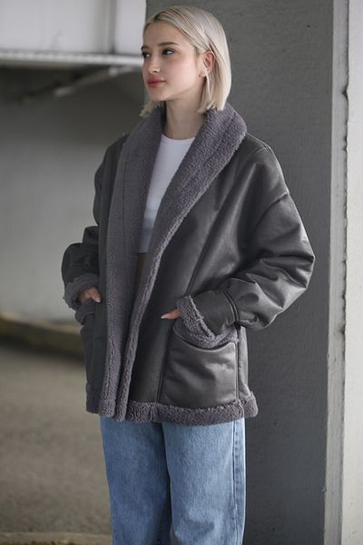 Madmext Anthracite Biker Coat with Faux Fur Inside Mg1329