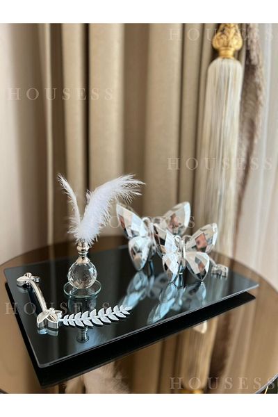 Housess Rectangular Silver Tray with Mirrored Leaf Detail and 2-Piece Butterfly and Silver Feather Holder