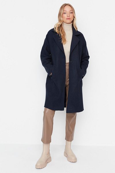Trendyol Modest Navy Blue Jacket Collar Single Button Lined Cashmere Coat TCTAW23AB00004