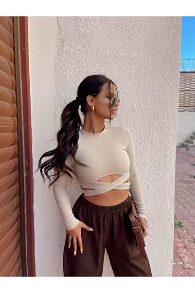 HELLODEAR Beli Çapraz Detaylı Ottoman Kumaş Crop Bluz
