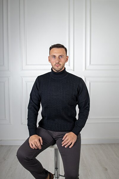 Sarar Tam Balıkçı Yaka Desenli Siyah Triko Kazak