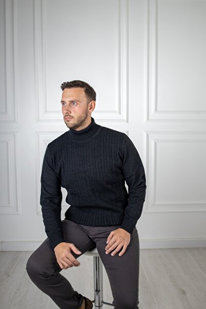 Sarar Tam Balıkçı Yaka Desenli Siyah Triko Kazak