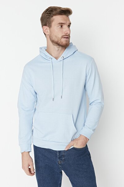 Trendyol Collection Син суитшърт с дълъг ръкав с качулка - стандартна кройка TMNAW20sw0162