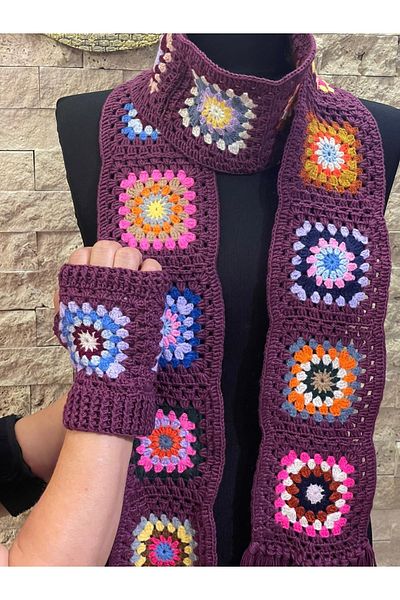 Gönülden Tasarım Set de eșarfe etnice boeme cu motive de design și mănuși fără degete