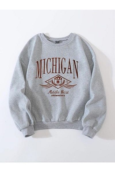 NewCabin Νέα σεζόν Unisex Γκρι Χρώμα Michigan Φούτερ με στάμπα με λαιμόκοψη 2 κλωστών