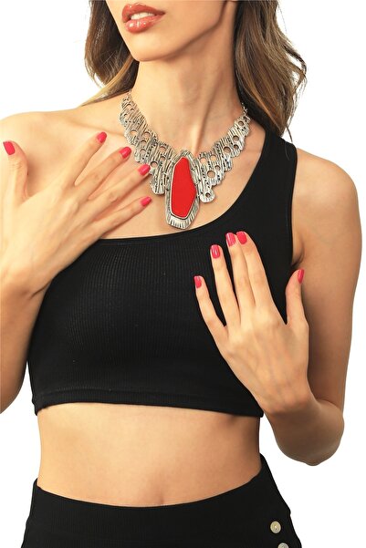 LABALABA Kadın Antik Gümüş Kaplama Asimetrik Parçalı Mineli Kolye