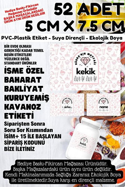 FİKİRCAN Isme Özel Baharat Bakliyat Kuruyemiş Kavanoz Etiket Seti -52 Çeşit- ...