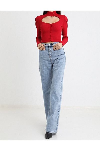 DRC trend Pantaloni de blugi din denim cu talie super înaltă, albastru deschis, spălat cu zăpadă