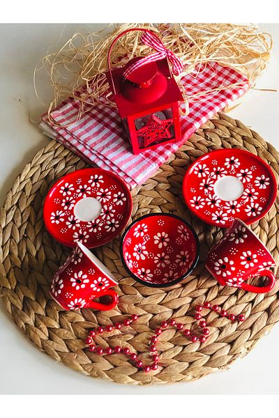 Den Tasarım Hediyelik Mother's Day Special Red Hand Embroidered Daisy 2-Person Coffee Cup Set and Bowl Red