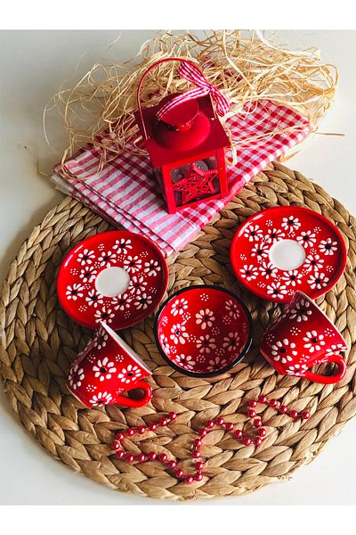 Den Tasarım Hediyelik Mother's Day Special Red Hand Embroidered Daisy 2-Person Coffee Cup Set and Bowl Red