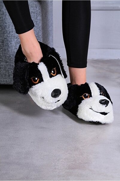 Genel Markalar Köpek Figürlü Siyah Beyaz Peluş Panduf Ev Pandufu Unisex