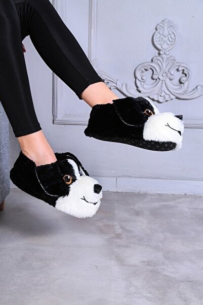 Genel Markalar Köpek Figürlü Siyah Beyaz Peluş Panduf Ev Pandufu Unisex