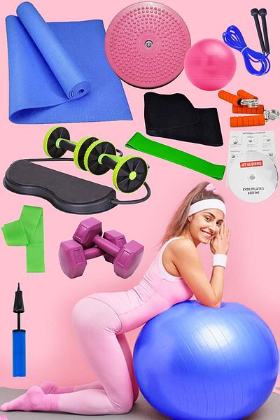 Jet Set de mingi Pilates 14 bucăți Pernă cu plăci 1 kg gantere Aerobic Bandă cu roți Instrument de fitness elastic Albastru