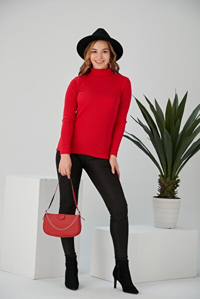 CATSPY Women's Red Ribbed Turtleneck Sweater