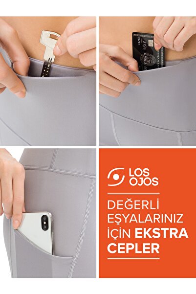 Los Ojos Women's Gray High Waist Double Pocket Compacting Sports Leggings