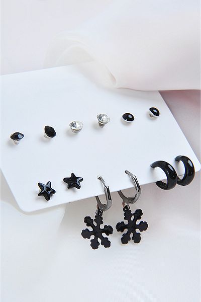 EUROMODA 12-Piece Earring Set with Snowflake Stars and Hoop Earrings, Solitaire and Black Ball Earrings
