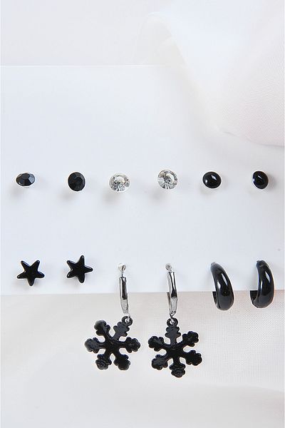 EUROMODA 12-Piece Earring Set with Snowflake Stars and Hoop Earrings, Solitaire and Black Ball Earrings