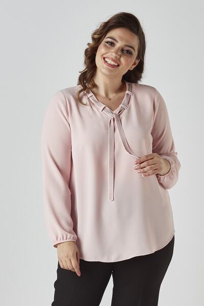 Moda Alba بلوزة أنيقة كبيرة الحجم ذات ياقة مرصعة بالأحجار