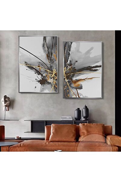 Markazip Gümüş Metal Çerçeveli 50x70cm Ikili Soyut Kanvas Tablo Kod: Lk556-5-g