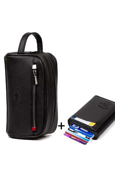 Newish Adelina Black Leather Portfolio Clutch Bag Travel Shaving Cosmetic Clutch Bag And Mechanism Wallet Set