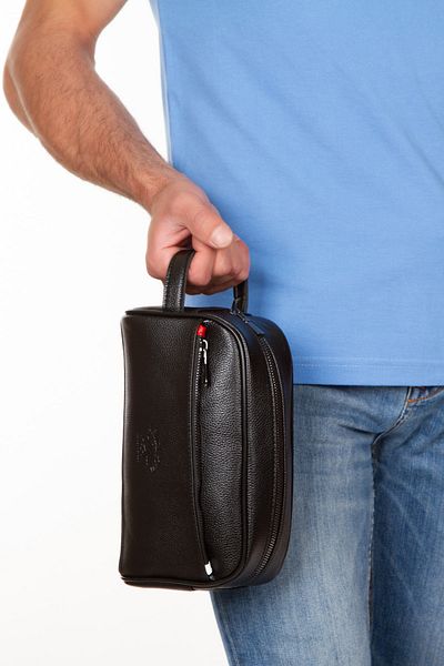 Newish Adelina Black Leather Portfolio Clutch Bag Travel Shaving Cosmetic Clutch Bag And Mechanism Wallet Set