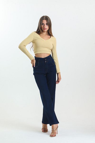 SHEVEGA Μπλε Navy Elastic Waist Lycra Ψηλόμεσο Φαρδύ Τζιν Φαρδύ τζιν παντελόνι
