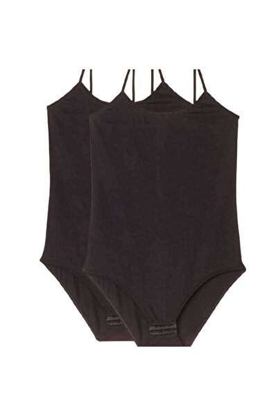 TREND 2 Adet Battal Beden Ip Askılı Kadın Çıtçıtlı Body Siyah