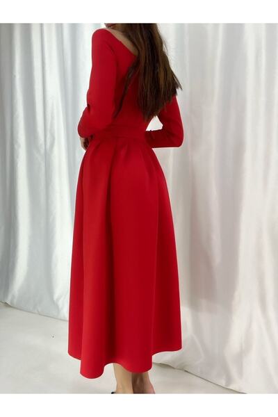Secret Passion Lingerie Esnek Kırmızı Scuba Kumaş Göğüs Ve Omuz Dekolteli Kumaş Kemer Detaylı Midi Abiye Elbise 58375 629