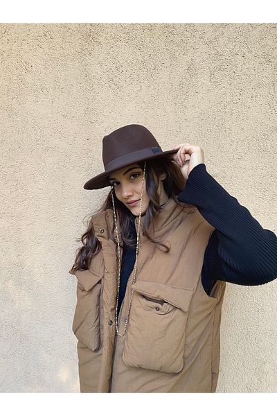 laviyonsa Cowboy Felt Fedora Hat with Detachable Chain Accessory