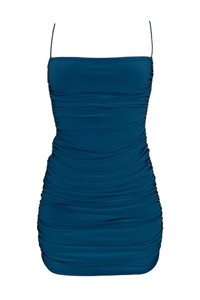 Beyond And More Petrol Mavi Drapeli Büzgülü Mini Abiye/gece Elbisesi