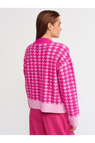 Dilvin 60166 Jacquard Pattern Knitwear Cardigan-fuchsia P.