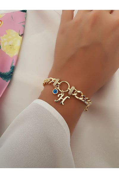 Trendy Butik سوار من حجر الزركون على شكل حرف H وسلسلة متدلية على شكل عين الشر