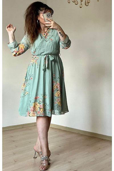 PARİS Rochie scurtă din șifon cu flori galbene -AQUA GREEN