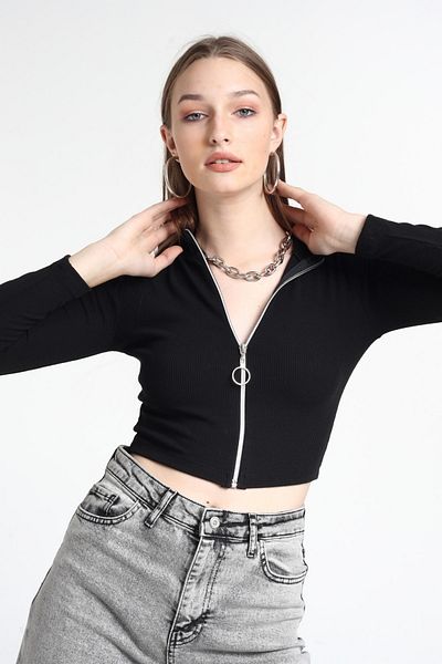 KİM Kİ O Women's Black Camisole Zipper Crop