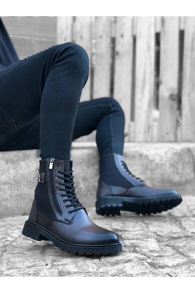 BA Moda Ba0218 St Lace Up Πόρπη με φερμουάρ Ψηλή χοντρή σόλα Ανδρικές μπότες μισού αστραγάλου καφέ