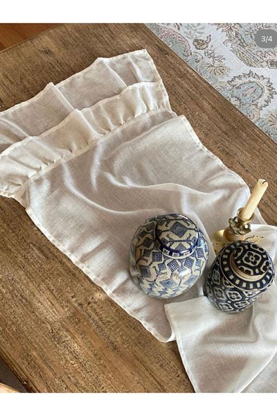 Perdeplus Linen Runner Decorative Frilly Plain Runner