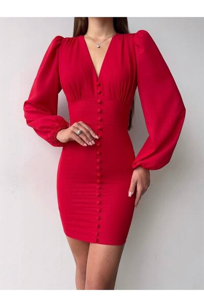 DERİNBOUTIQUE Kadın Uzun Kol Simli Atlas Kumaş Düğme Detaylı Dekolteli Yeni Yıl Yılbaşı Parti Davet Mini Elbise