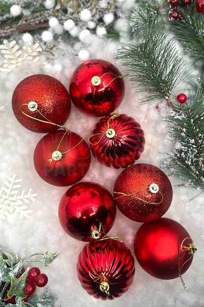 Huzur Party Store 8 Pack Red Colored Cici Ball 8 Cm Glitter Matte Shiny Embossed Christmas New Year Pine Tree Boxed Ornament