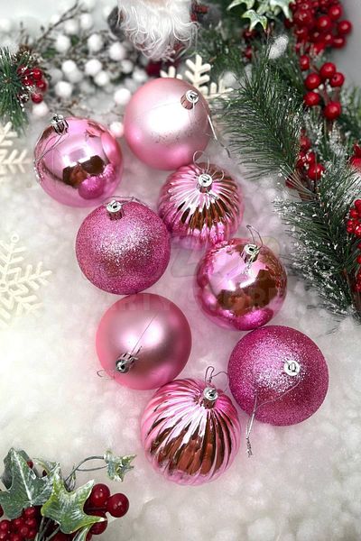 Huzur Party Store Σετ 8 ροζ χρώματος Cici Ball 8 εκ. Glittery Matte Shiny ανάγλυφο Χριστουγεννιάτικο Πρωτοχρονιάτικο Στολίδι σε κουτί από ξύλο πεύκου