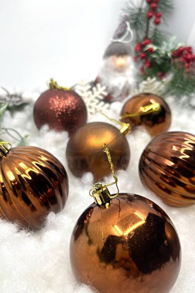 Huzur Party Store Σετ 8 Σοκολάτα Χρώμα Cici Ball 8 εκ. Ασημί Ματ Γυαλιστερό ανάγλυφο καφέ Χριστουγεννιάτικο στολίδι από πεύκο