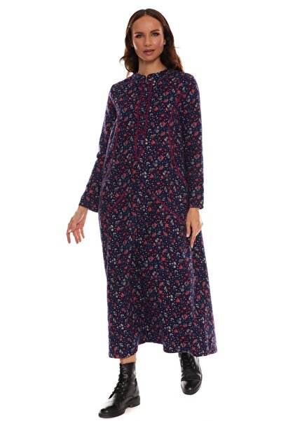 Newbutix Uzun Kol Pazen Kruvaze Elbise Çiçek Desen Lacivert